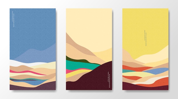 Three colorful landscapes in Asian style For covers decor flyers etc