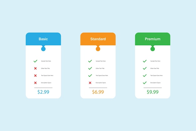 Three rectangular pricing tables or subscription plans with list of features to compare and select