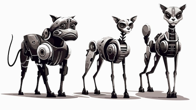 three small robots are standing in a row one of which has a cat on it