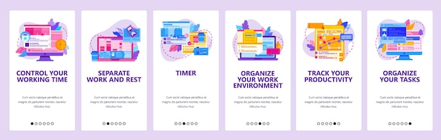 time management and work productivity task organizer business project management mobile app onboarding screens vector banner template for website mobile development web site design illustration