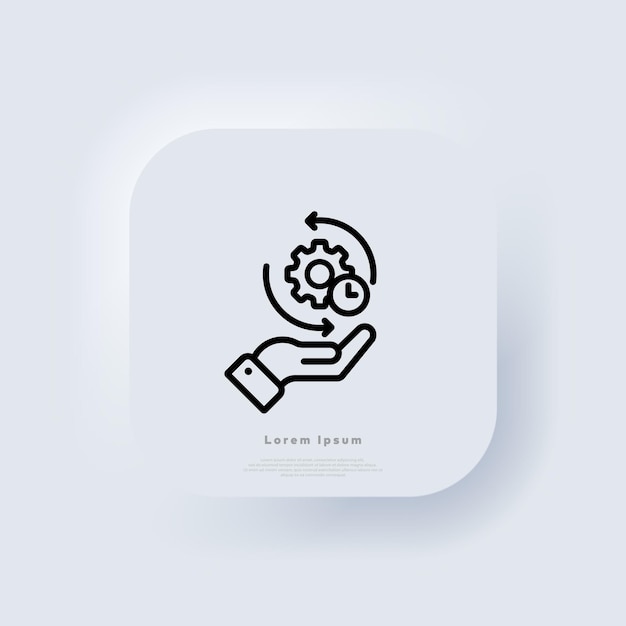 Time management settings. Gear clock time icon. Symbol of process, work, business. Hand holding gear. Neumorphic UI UX white user interface web button. Neumorphism. Vector EPS 10.