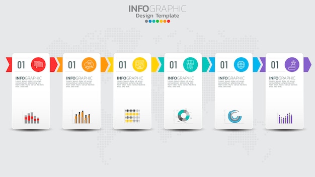 Timeline infographics template with 6 elements workflow process chart.