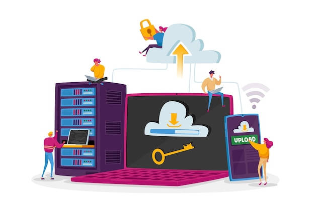 Tiny Characters at Huge Laptop, Phone and Server Equipment. Web Hosting Concept. Web Programming, Development, Cloud Storage Interface