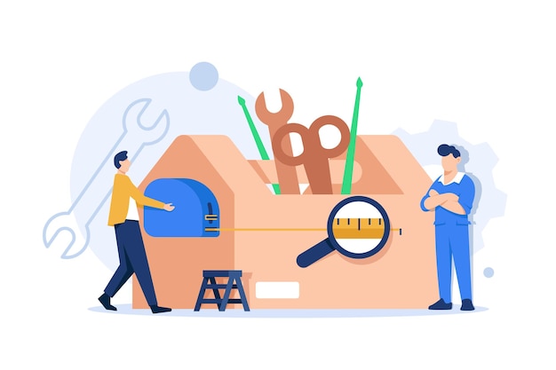 tiny characters use the tool, workman's toolkit,toolbox with instruments inside