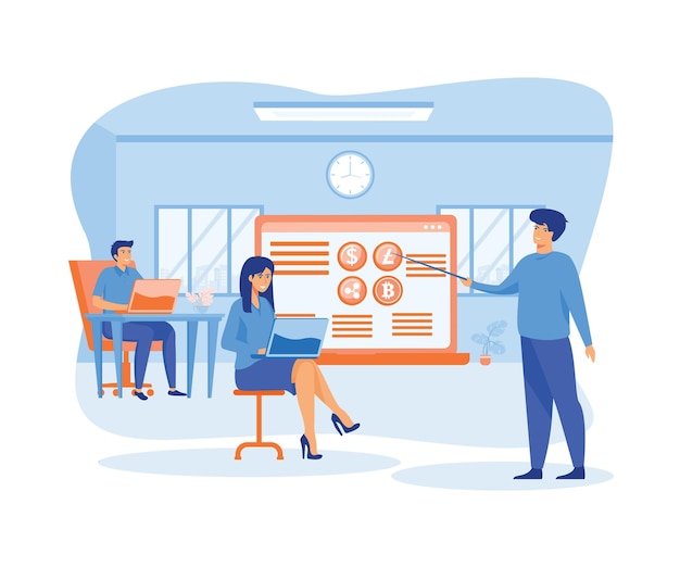 Tiny people learning at trading school or academy flat flat vector modern illustration