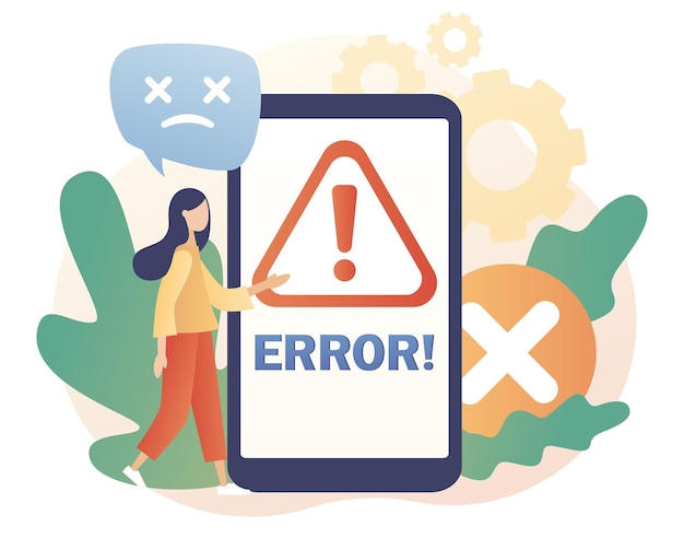 tiny woman examining operating system error warning window on phone.error message sign on smartphone