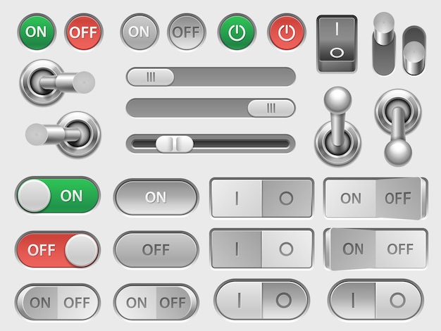 Toggle switch On off slider and adjustable button user interface skeuomorphic elements for option menu Vector switches isolated set