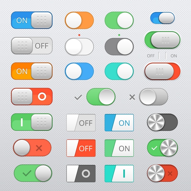 toggle switch set, on and off sliders, vector elements