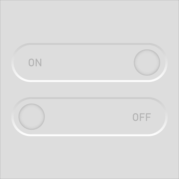 Toggle switches interface ON OFF minimal text Neumorphic button Vector set Control status element
