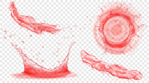 Top view and side view of translucent water crowns with drops and two splashes or jets in red colors, isolated on transparent background. Transparency only in vector format