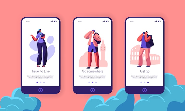 Tourists with Backpacks Ordering Travel Tour Trip Mobile App Page Onboard Screen Set
