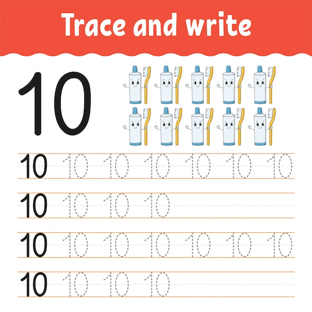 trace and write. number 10. handwriting practice.
