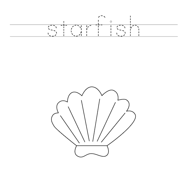 Trace word and color cute cartoon seashell.