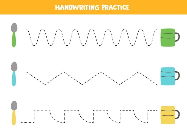 Tracing lines with colorful spoons and mugs Writing practice