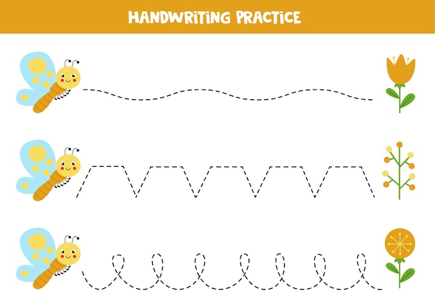 tracing lines with cute butterfly and flowers. handwriting practice for children.