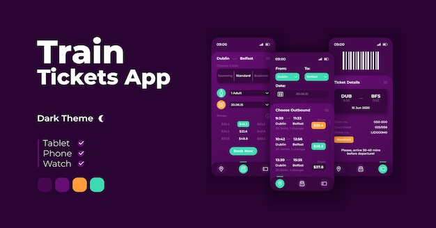 train tickets app cartoon smartphone interface vector templates set. mobile app screen page night mode design. available trip prices and details ui for application. phone display with flat character