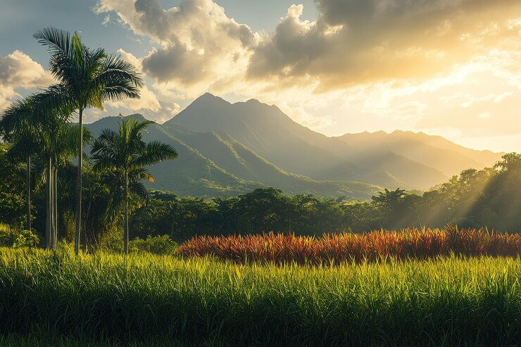 Vector tranquil meadow lush green grass majestic trees serene nature escape sky art calm view field woods