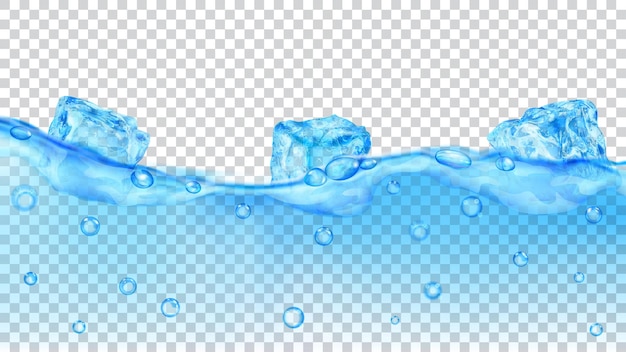 Translucent light blue ice cubes and many air bubbles floating in water on transparent background. Transparency only in vector format