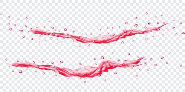 Translucent water jets with drops in red colors, isolated on transparent background. Transparency only in vector file