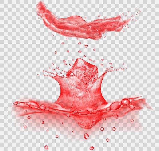 Translucent water surface with crown and drops from falling ice cubes Splash in red colors isolated on transparent backdrop Side view Transparency only in vector file