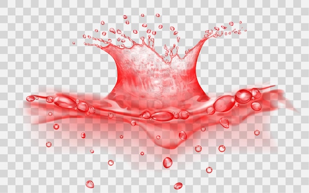 Translucent water surface with crown and drops from falling object. Splash in red colors, isolated on transparent backdrop. Side view. Transparency only in vector file