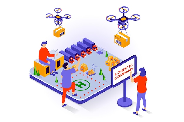 transportation and logistics concept in 3d isometric design people work at warehouse in delivery company with truck shipping and flying drones vector illustration with isometry scene for web graphic