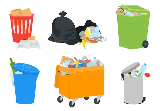 trash bins with garbage open dump and waste bags plastic bin recycle rubbish containers isolated dirty junk decent basket vector set