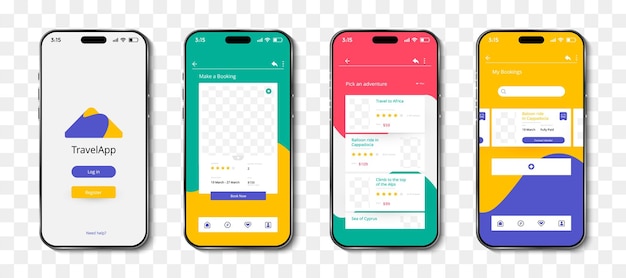 Travel app template interface on smartphone screen with shadow Travel app ui kit for responsive mobile app