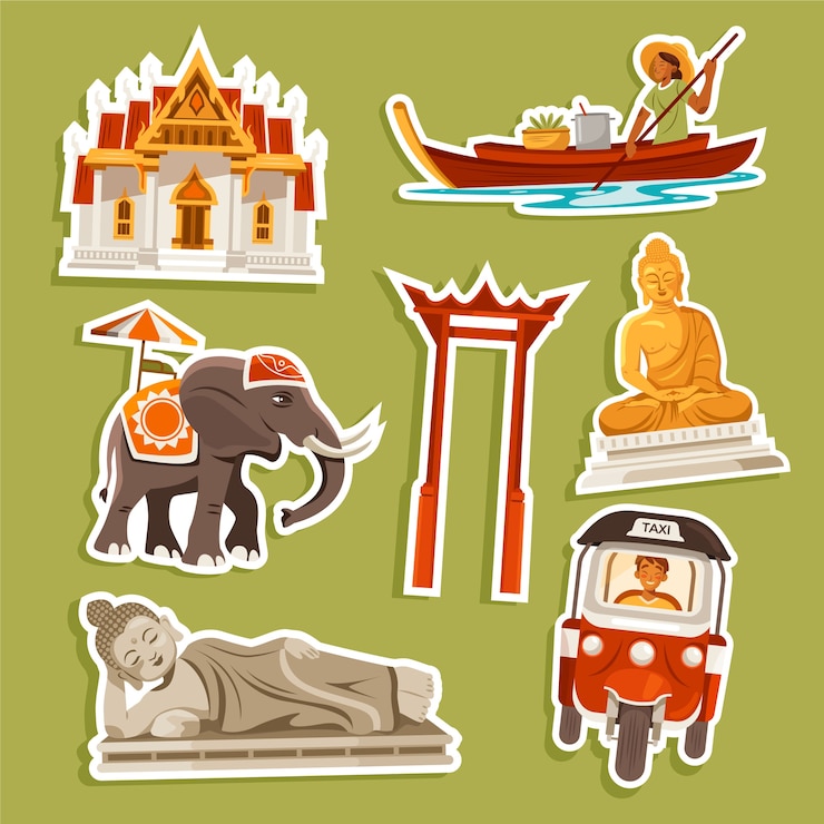 Vector travel in thailand stickers in flat design