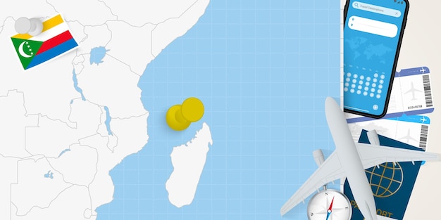 Travel to Comoros concept map with pin on map of Comoros