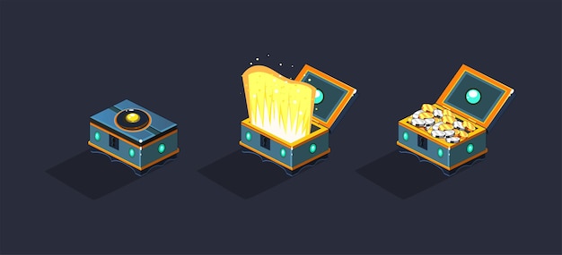 Treasure chests open and closed boxea game user interface element for video computer games vector Illustration web design