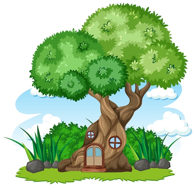 Tree house and some grass cartoon style on white background