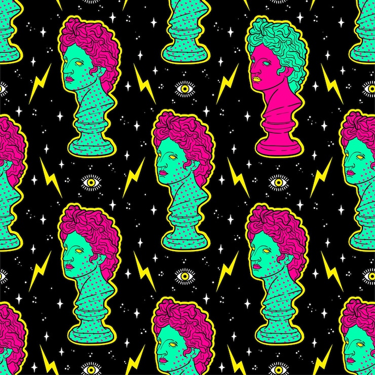 Vector trendy acid seamless pattern with ancient sculpture in psychedelic cosmic style