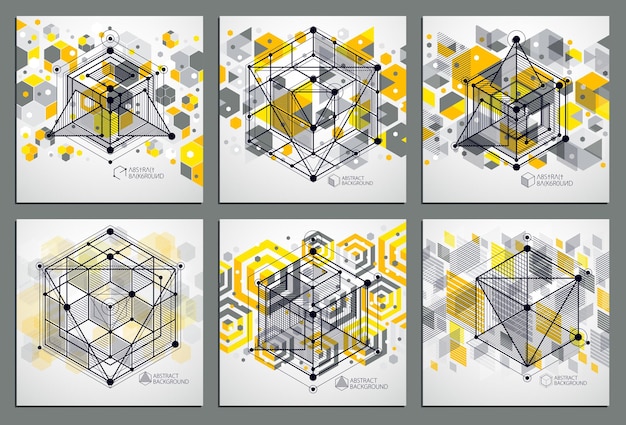 Trendy geometric vector patterns set, textured abstract cube mesh yellow background. Technical plan, abstract engineering draft for use in graphic and web design.