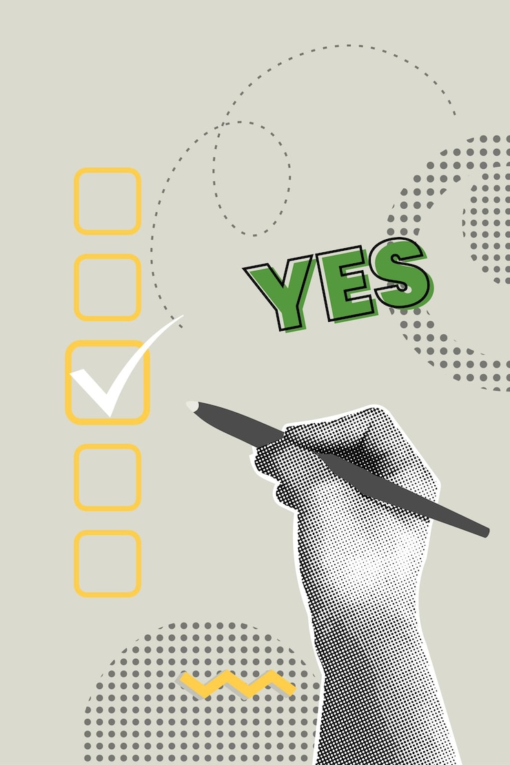 Vector trendy halftone collage approval concept human hand making correct checkboxes marks for project
