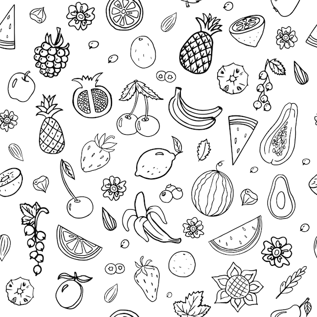 Trendy seamless pattern with fruits and berries in doodle style Pineapple strawberry apple pear