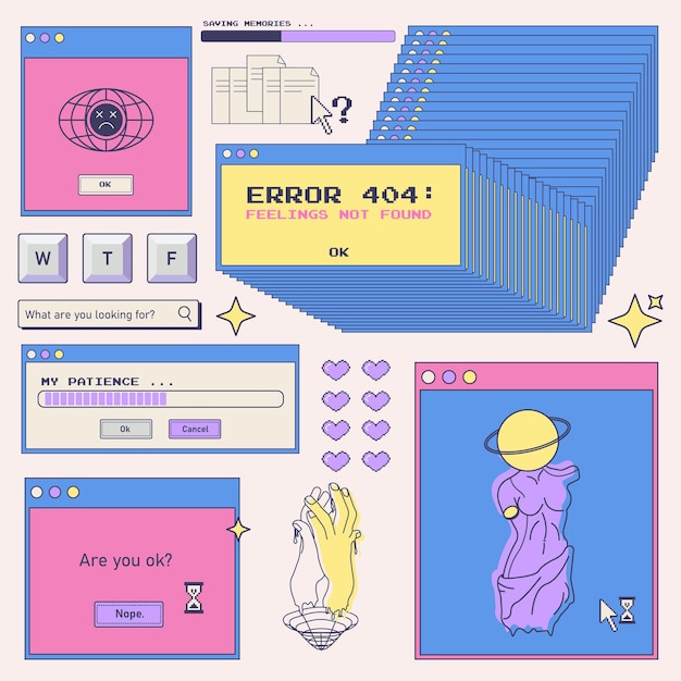 Trendy y2k sticker setOld computer aestheticRetro user interface windows and greek sculptures