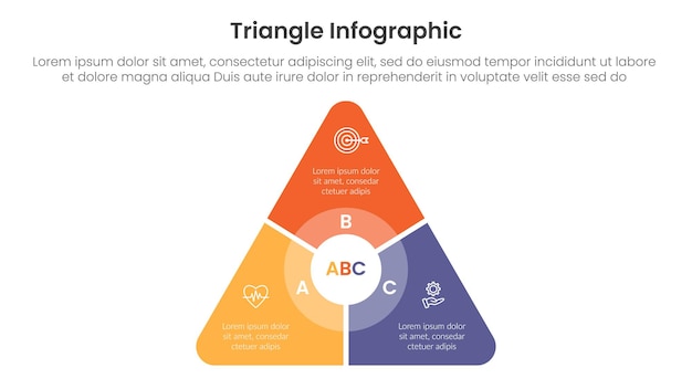 triangle base shape infographic template banner with round triangle with circle on center and slice shape with 3 point for slide presentation