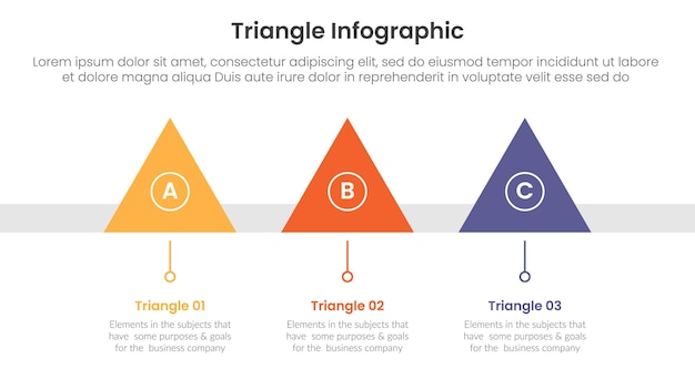 triangle base shape infographic template banner with simple triangle pyramid on horizontal line direction with 3 point for slide presentation