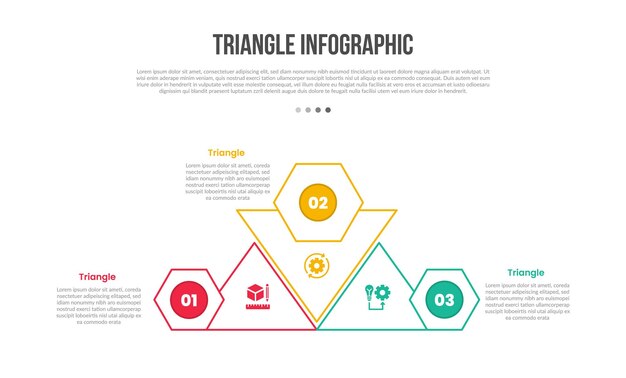 triangle base shape infographics template diagram with creative sharp edge structure with hexagon badge with 3 point step creative simple flat outline