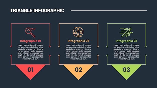 triangle shape infographic process diagram with box container with big arrow pointer bottom direction with 3 points dark background bright outline style