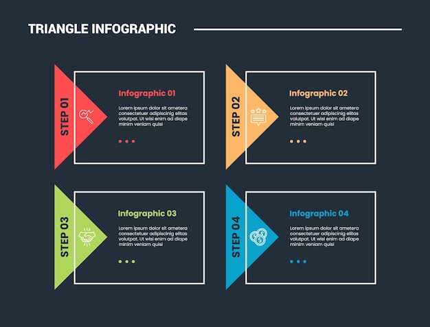 triangle shape infographic process diagram with rectangle box with sharp arrow badge on left with 4 points dark background bright outline style