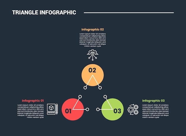 triangle shape infographic process diagram with triangle on circle shape edge with dot line connection with 3 points dark background bright outline style