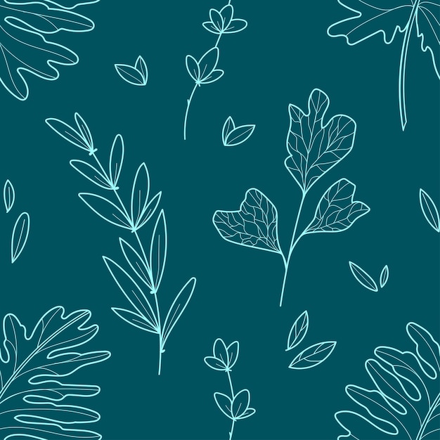 Tropical foliage background in turquoise colors Minimalistic botanical seamless pattern Line art of tropical palm leaves on dark blue background