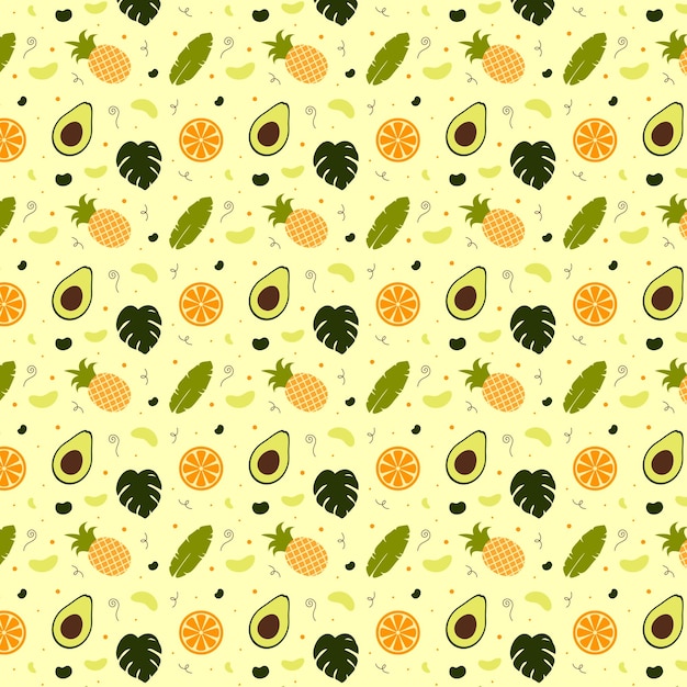 Tropical fruits seamless pattern with oranges pineapples avocados and tropical plants palms leaves