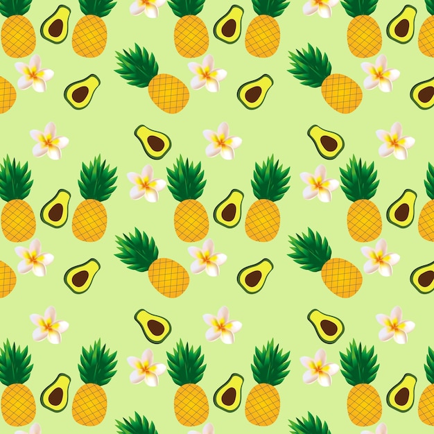 Tropical seamless pattern with pineapples avacados and exotic hidiscus flowers Fruit design
