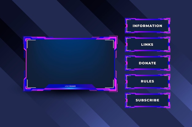 Twitch stream panels collection. Streaming screen panel overlay game design template