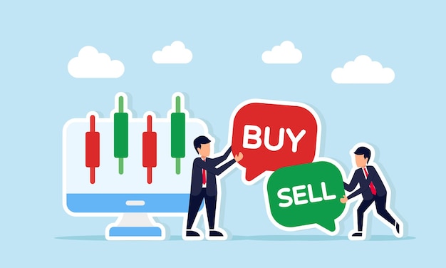 Two businessmen next to a monitor showing candlestick stock chart each holding chat bubbles with buy and sell text illustration of business stock trading
