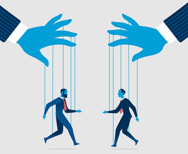 two businessmen puppets connected to strings and manipulated by two hands