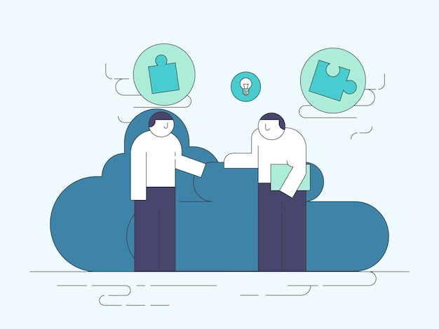 two men are talking in front of a cloud with a blue background